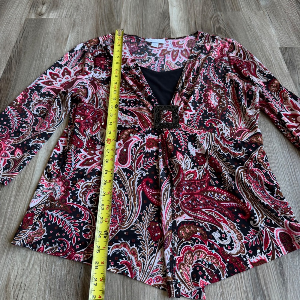 Y2K Whimsigoth Witchy XL Red Paisley Sequin Layered Buckle Top 3/4 Sleeve Blouse - Picture 7 of 8
